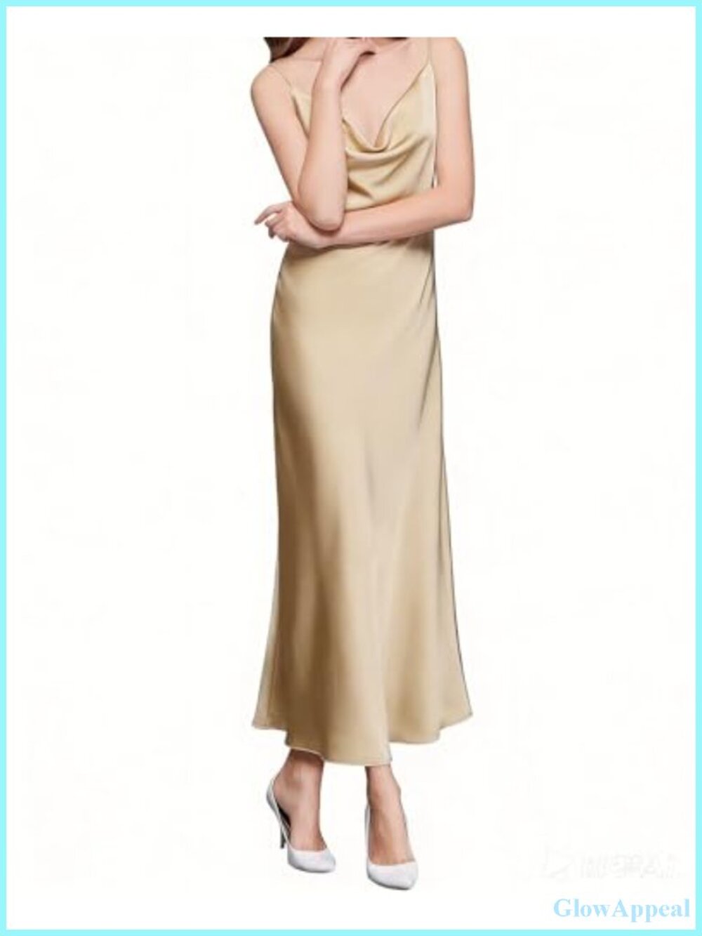Satin Spaghetti Strap Midi Dress Cowl Neck Ruched Cocktail Nightgown